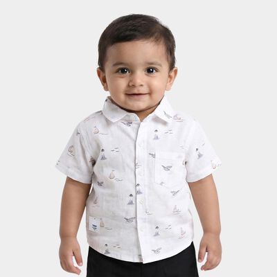 Infants Beige Cotton Half Sleeve Classic Collar Casual Shirt