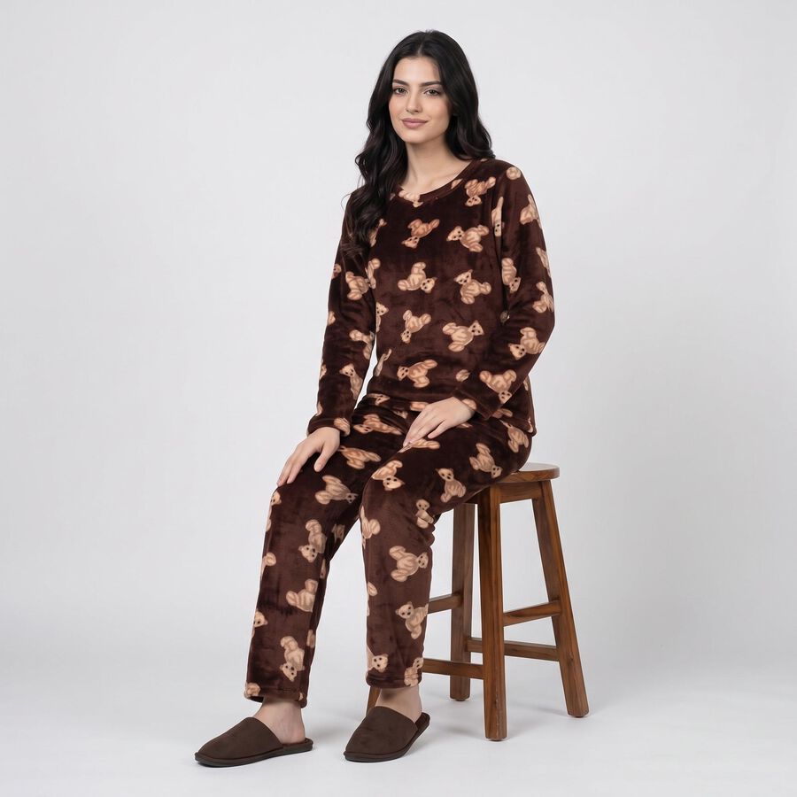 Women's Wine Straight Fit Teddy Printed Pyjama Set , वाइन, large