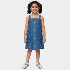 Girls' Blue Floral Embroidered Sleeveless Denim Frock, Mid Blue, small