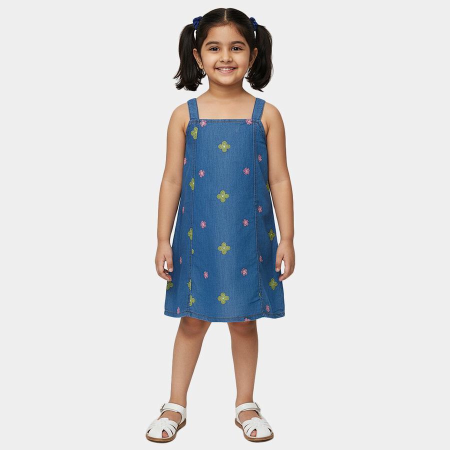 Girls' Blue Floral Embroidered Sleeveless Denim Frock, Mid Blue, large