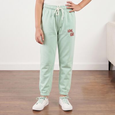 Girls Mint Green Jogger Fit Typographic Printed Winter Pyjama
