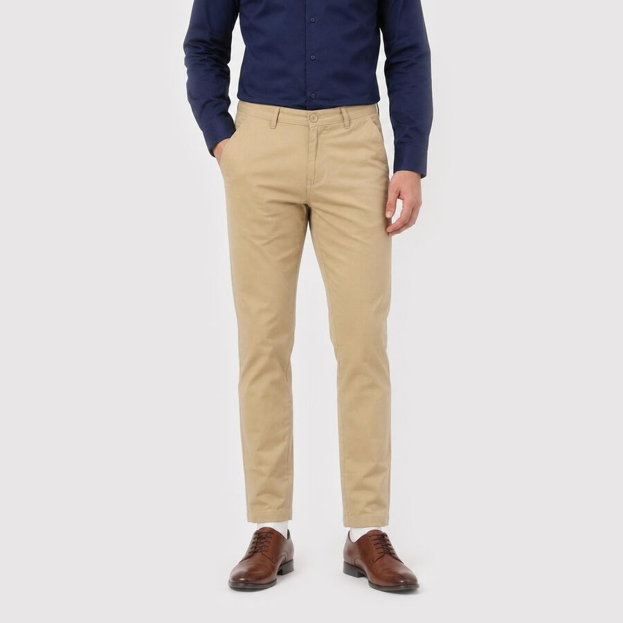 Men's Beige Slim Fit Flat-Front Chino Trousers, गहरा पीला, large