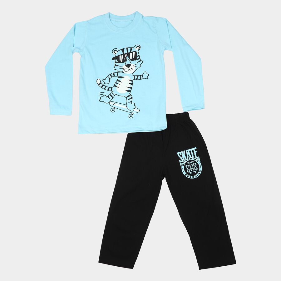 Boys Light Blue Round Neck Graphic Print Baba Suit, Light Blue, large