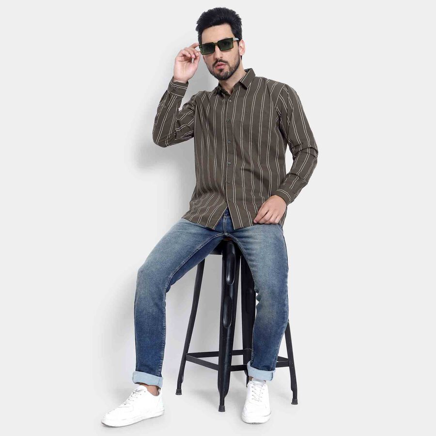 Cotton Stripes Casual Shirt, Dark Green, large image number null