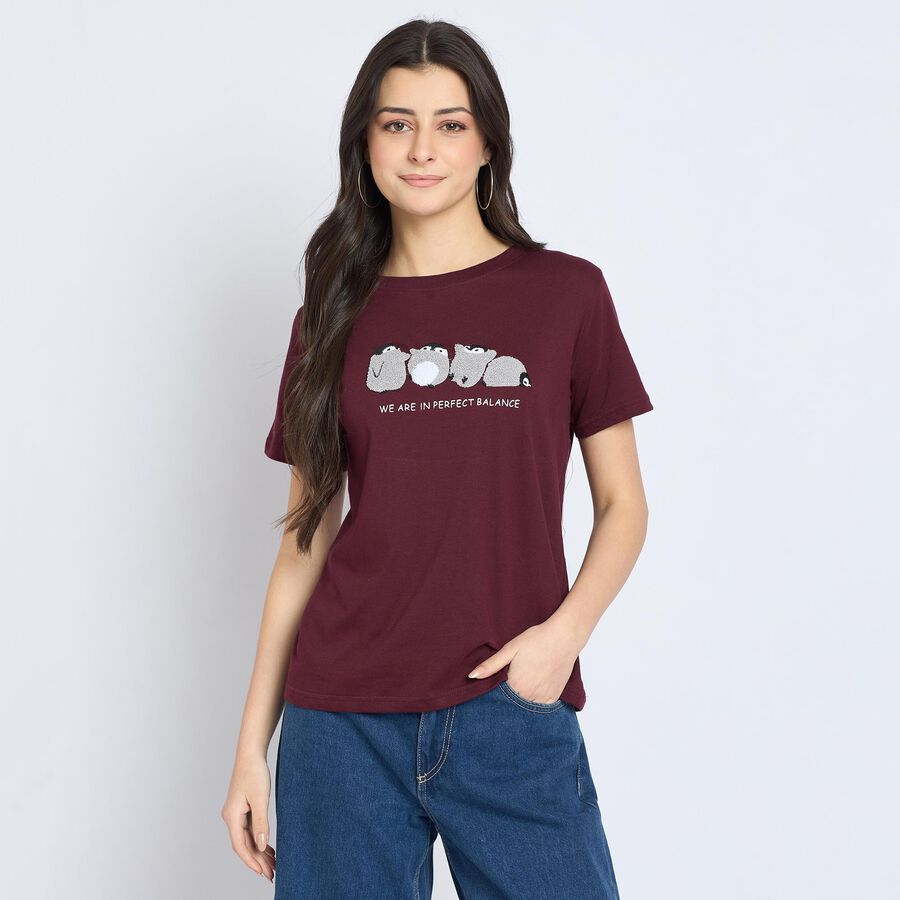 Ladies' Round Neck T-Shirt, वाइन, large