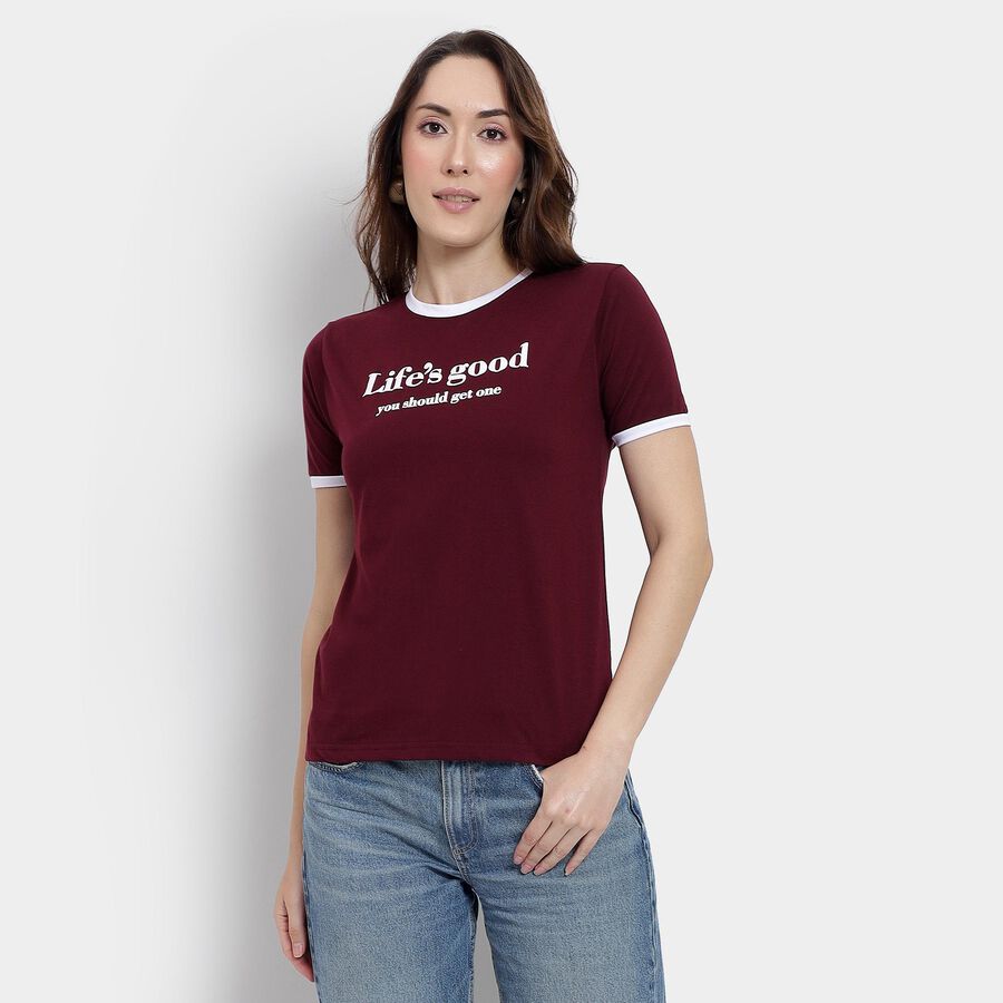 Ladies' Round Neck T-Shirt, वाइन, large image number null