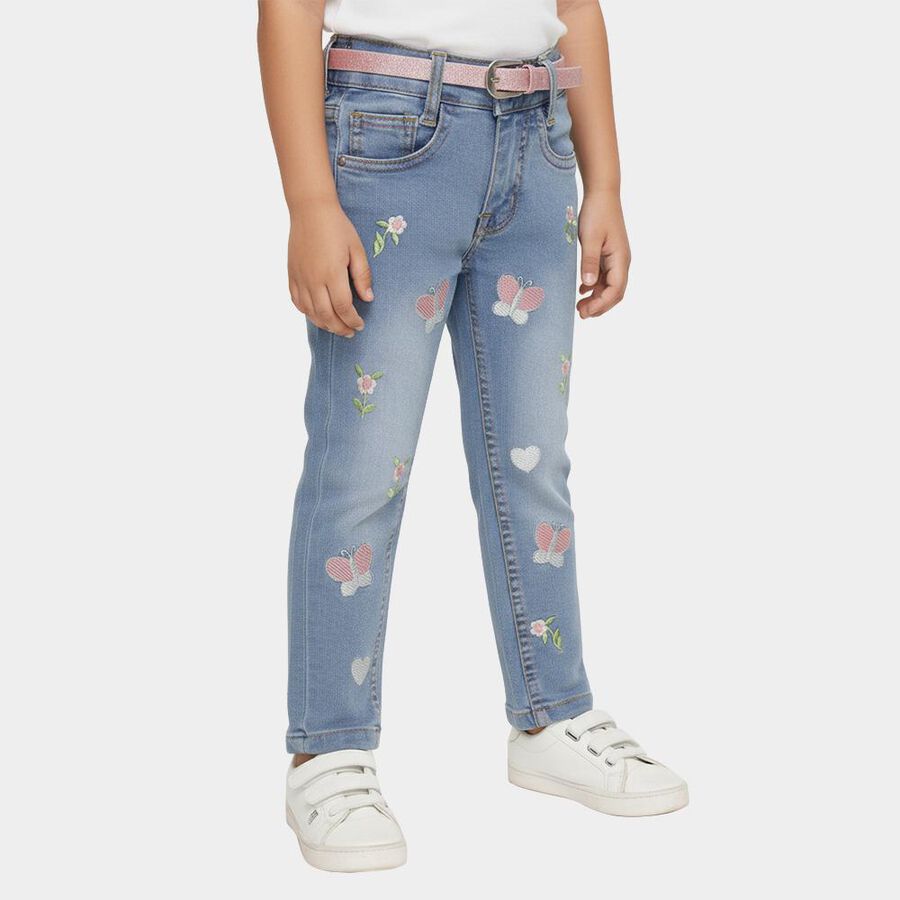 Girls' Light Blue Regular Fit Embroidered Jeans, Mid Blue, large image number null