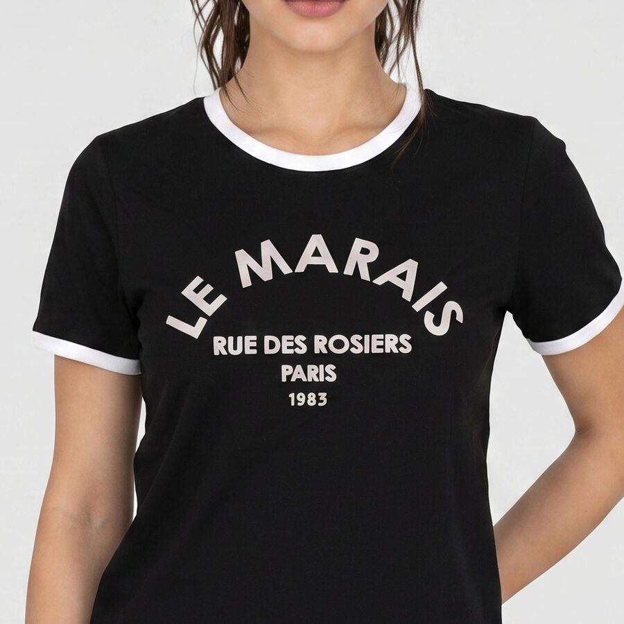Women Black Round Neck Regular T-Shirt, Black, large