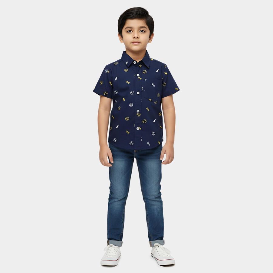 Boys Navy Blue Cotton Half Sleeve Classic Collar Casual Shirt, Navy Blue, large