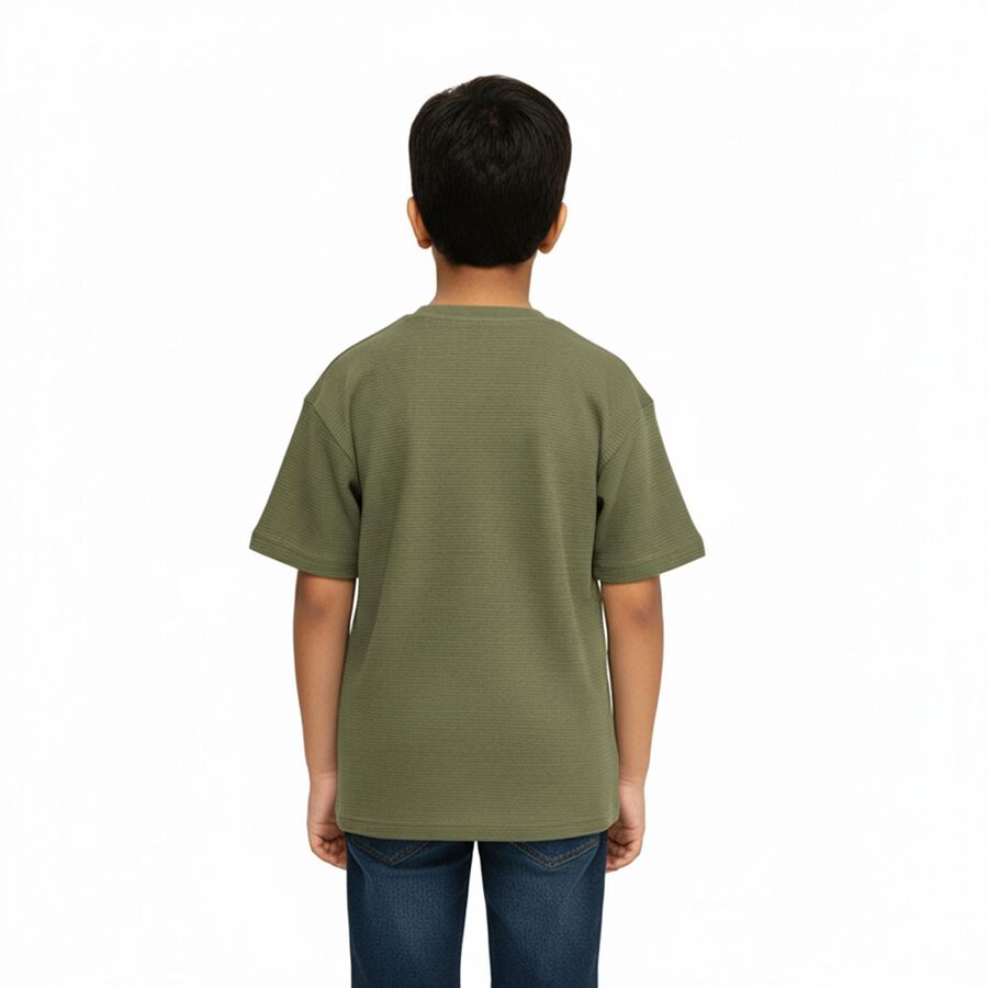 Boys Olive Green Cotton Crew Neck Casual T-Shirt, ओलिव, large image number null
