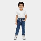 Boys' Blue Jogger Fit Printed Jeans, गहरा नीला, small