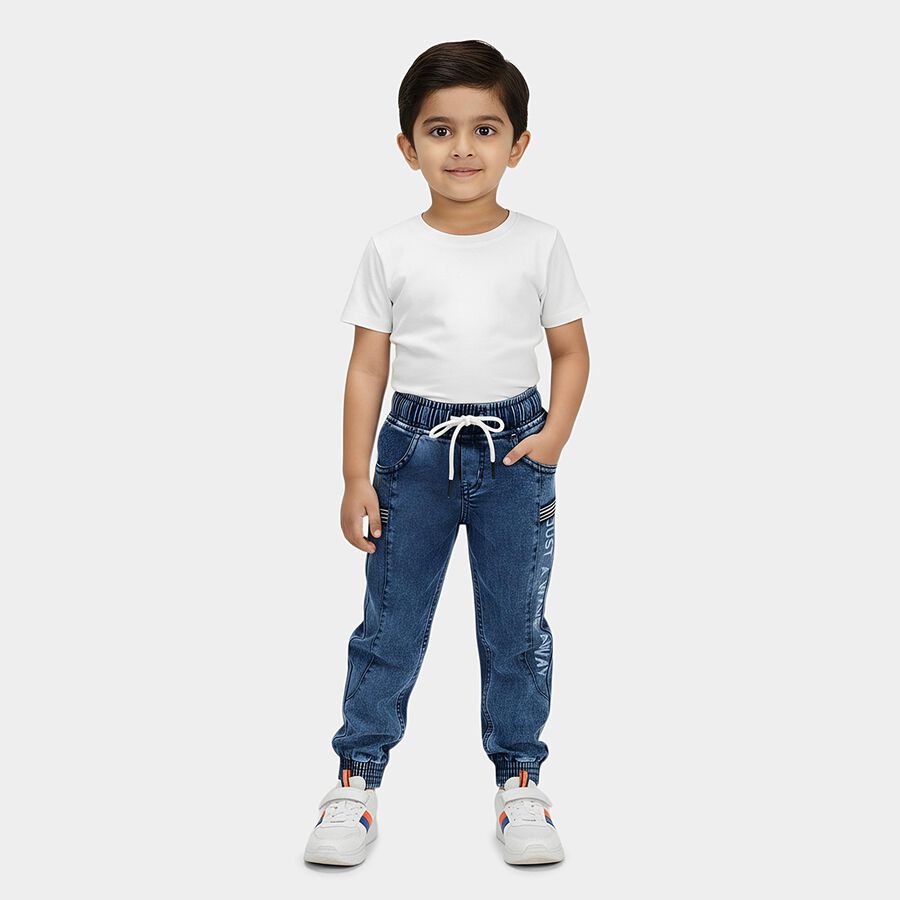 Boys' Blue Jogger Fit Printed Jeans, गहरा नीला, large