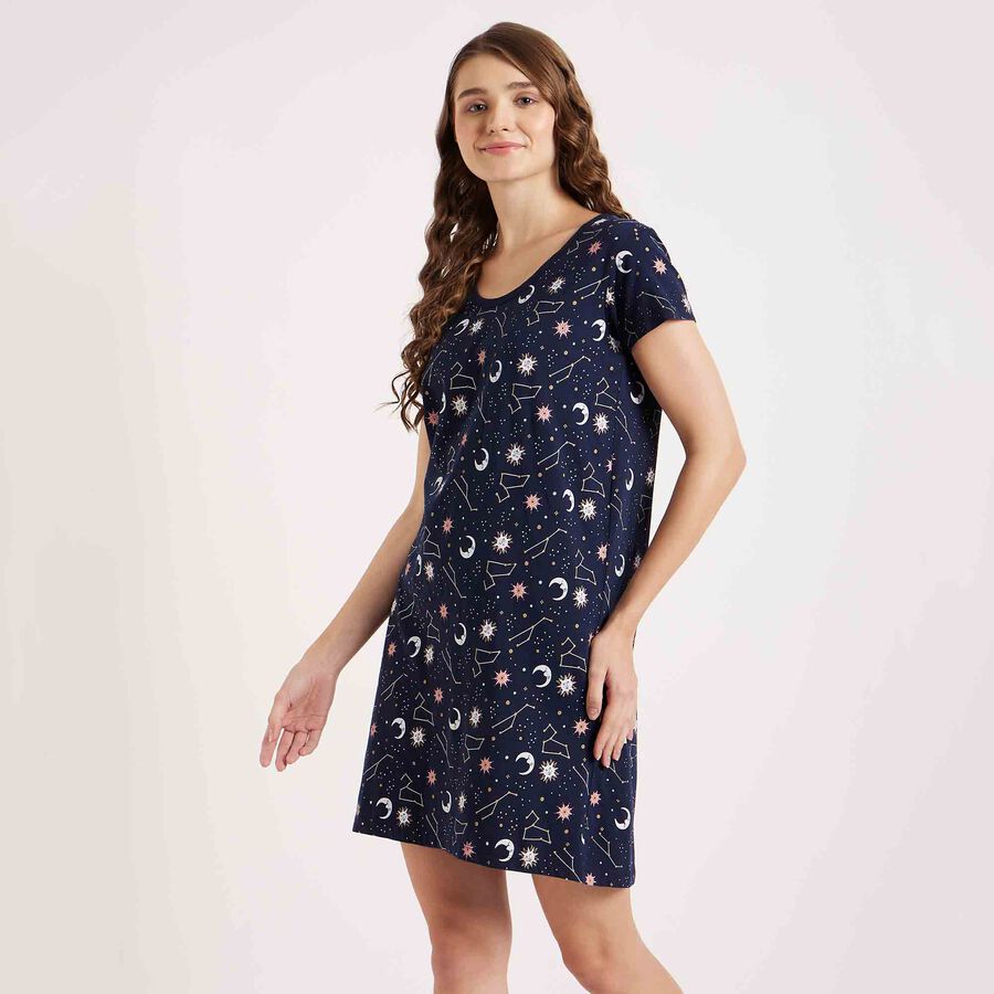 Printed Knee Length Nighty, Navy Blue, large image number null