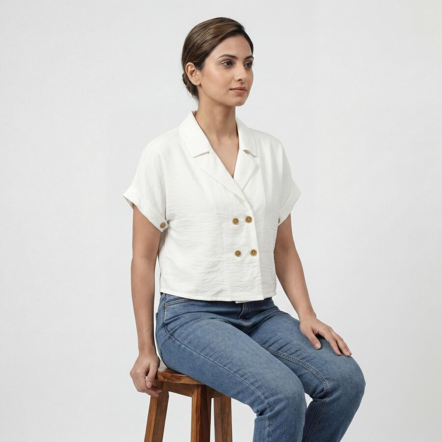 Women White Half Sleeve Lapel Collar Minimalist Shirt, सफ़ेद, large