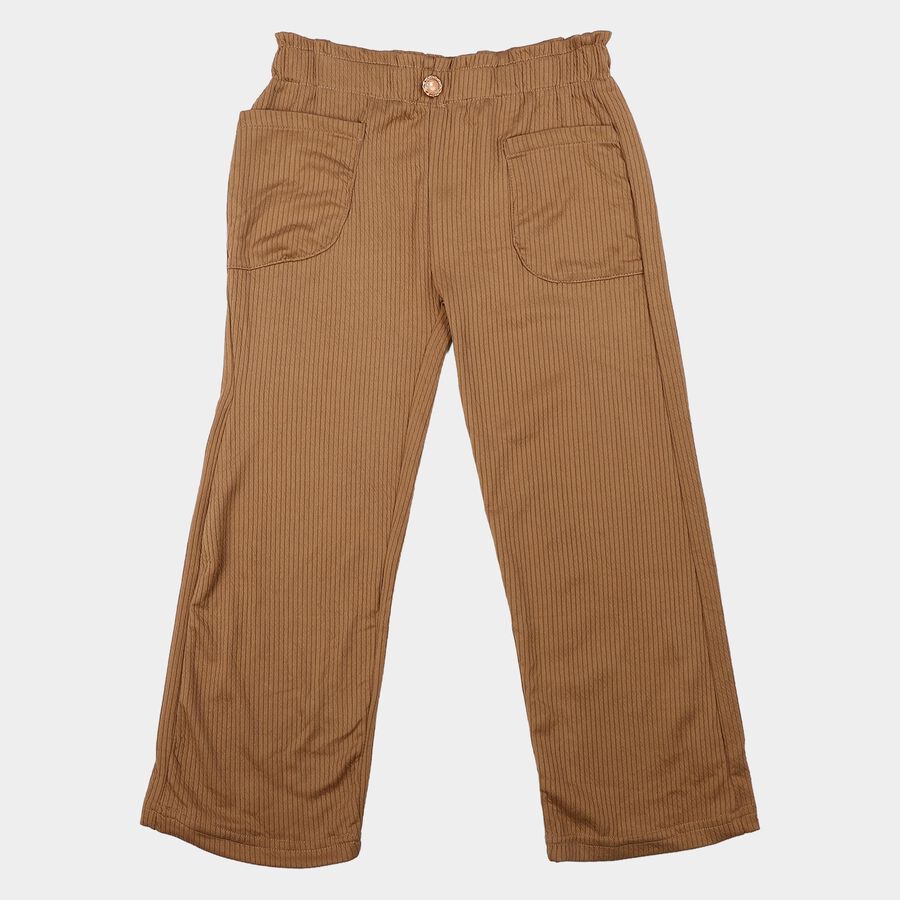 Girls' Beige Wide Leg Ribbed Trousers, गहरा पीला, large