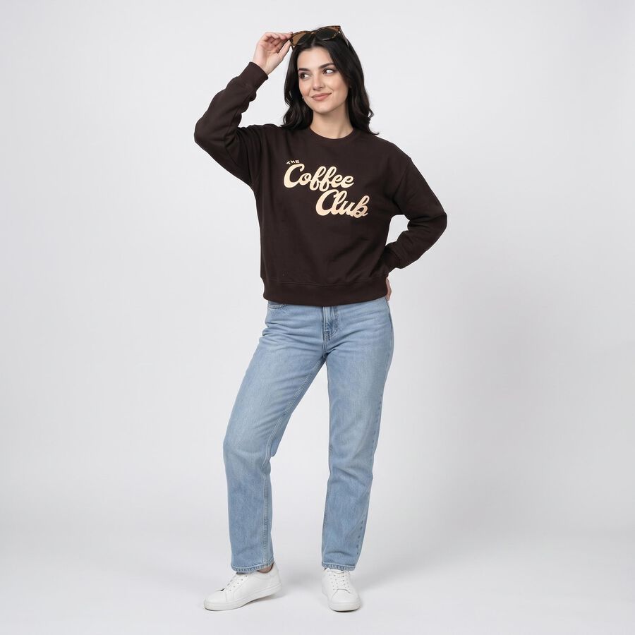Women Brown Crew Neck Graphic Print Sweatshirt, भूरा, large