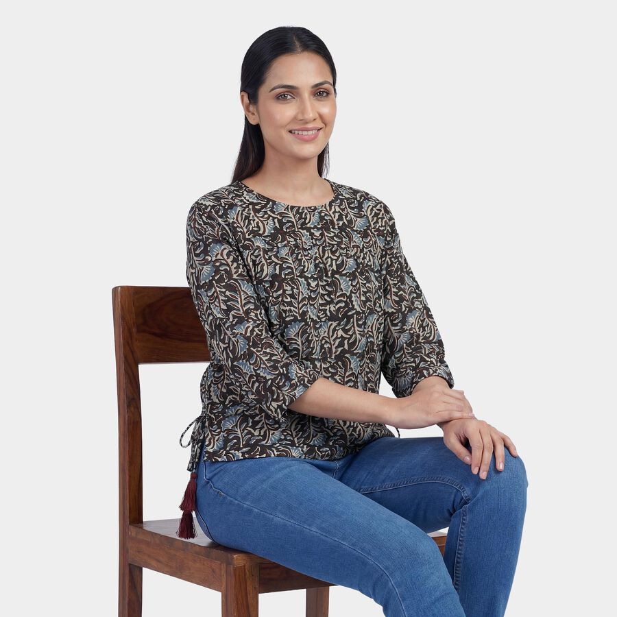 Women's Brown Round Neck Floral Printed Kurti, भूरा, large
