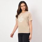 Women's Beige Round Neck Minimalist T-Shirt, Beige, small
