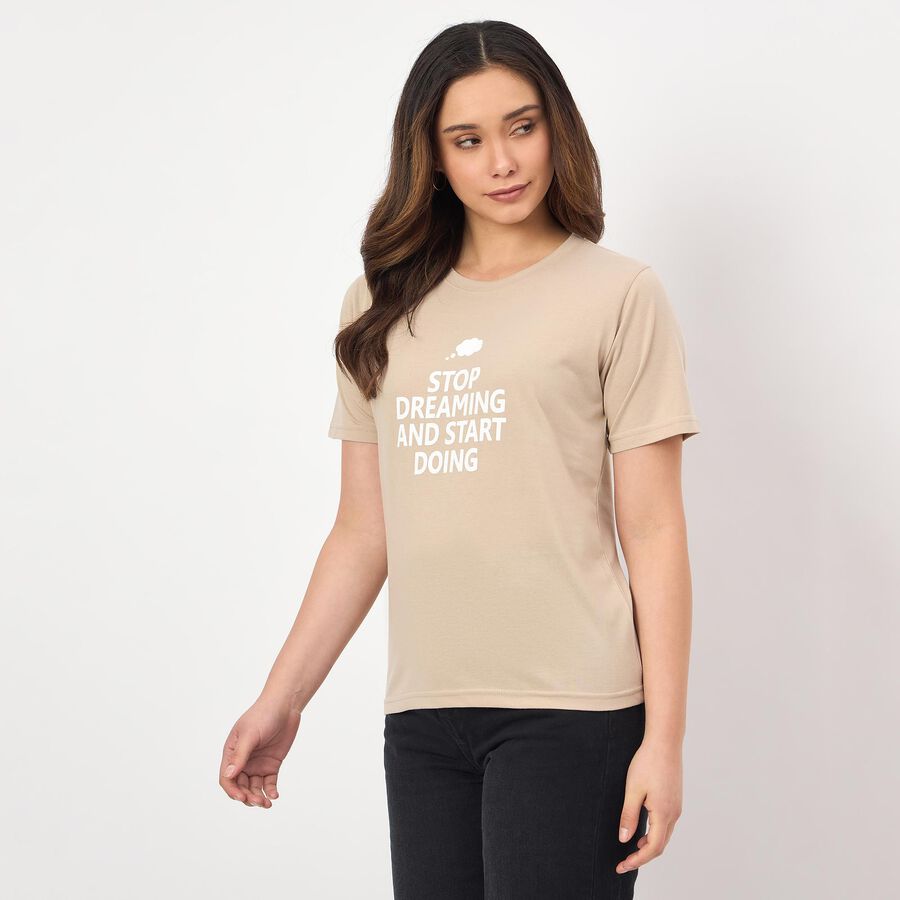 Women's Beige Round Neck Minimalist T-Shirt, Beige, large