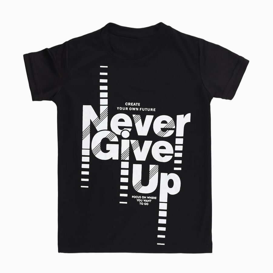 Boys Jet Black Round Neck Casual T-Shirt, काला, large image number null