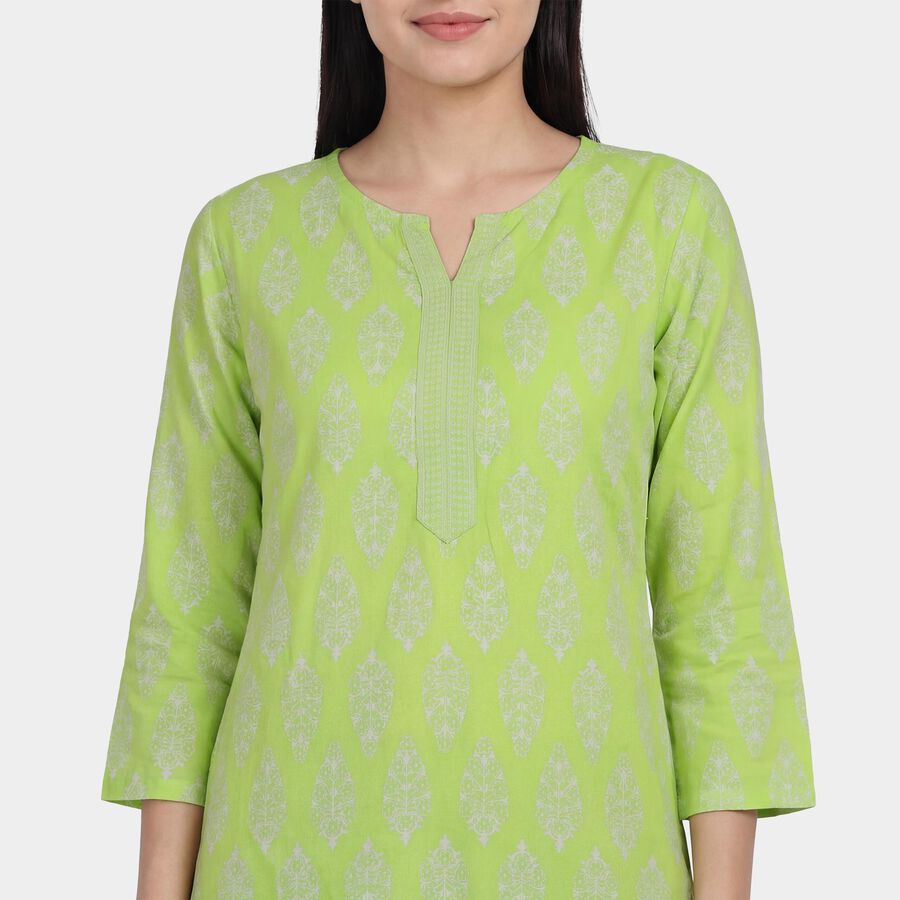 Women's Green Mandarin Collar Printed Straight Kurti, Light Green, large