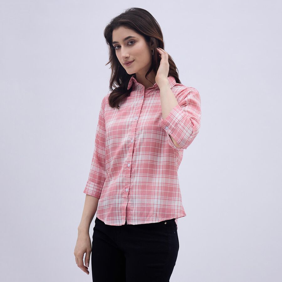 Women's Light Pink Checkered Classic Collar Shirt, हल्का गुलाबी, large image number null