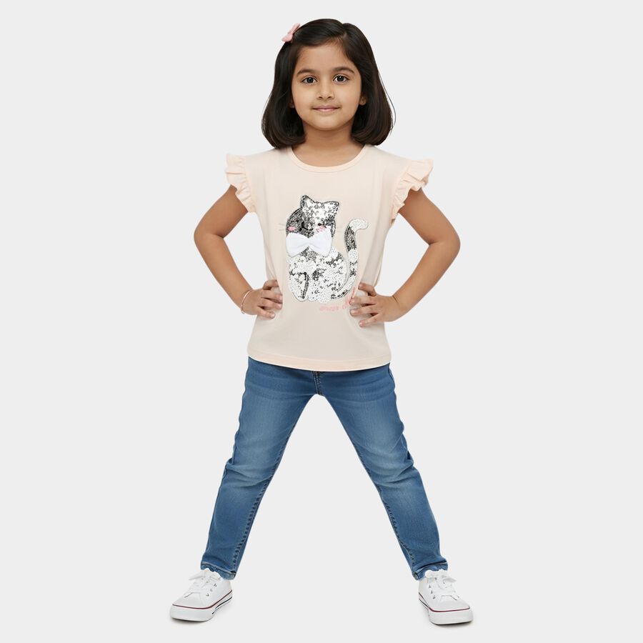 Girls' Pink Cotton Round Neck Sequin Cat Graphic Ruffle Sleeve T-Shirt, हल्का गुलाबी, large