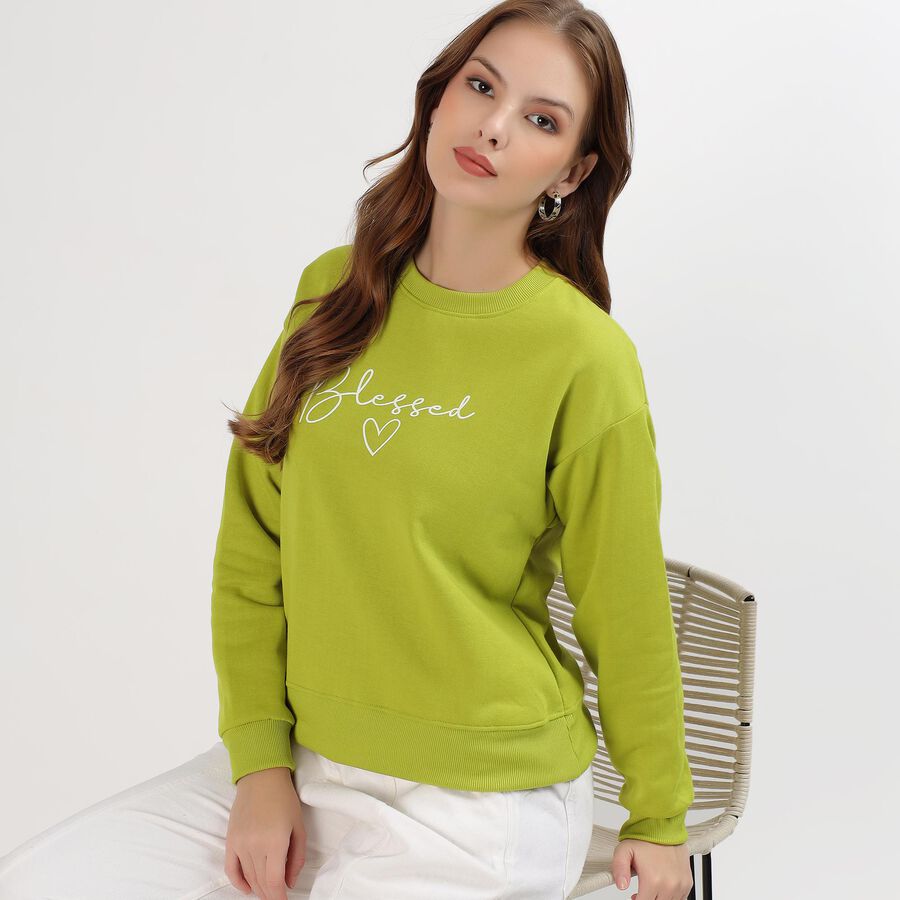 Women's Bright Lime Green Crew Neck Casual Sweatshirt, हल्का हरा, large image number null