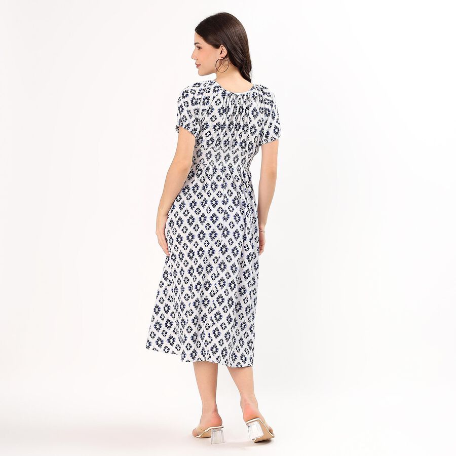 Women's White and Blue Tie Neck Bohemian Midi Dress, Navy Blue, large