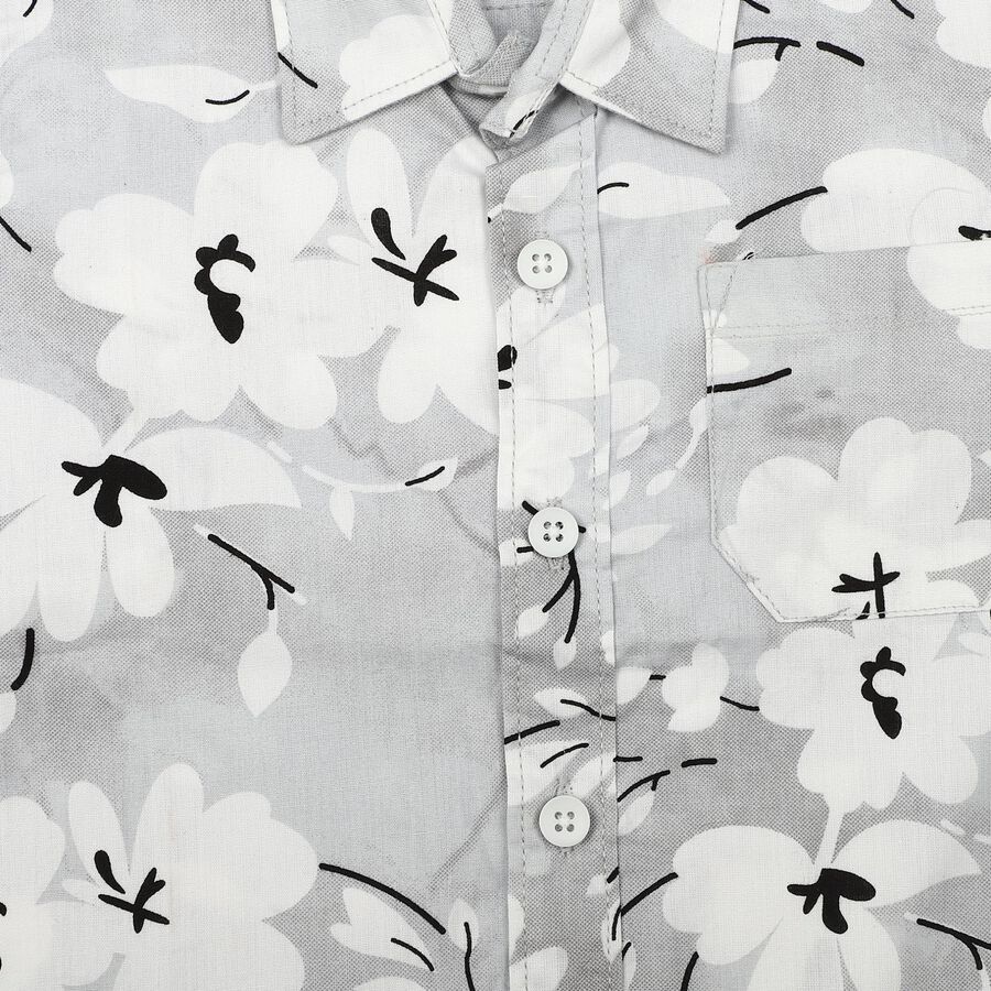 Boys Grey 100% Cotton Floral Printed Collar Regular Fit Shirt, गहरा ग्रे, large