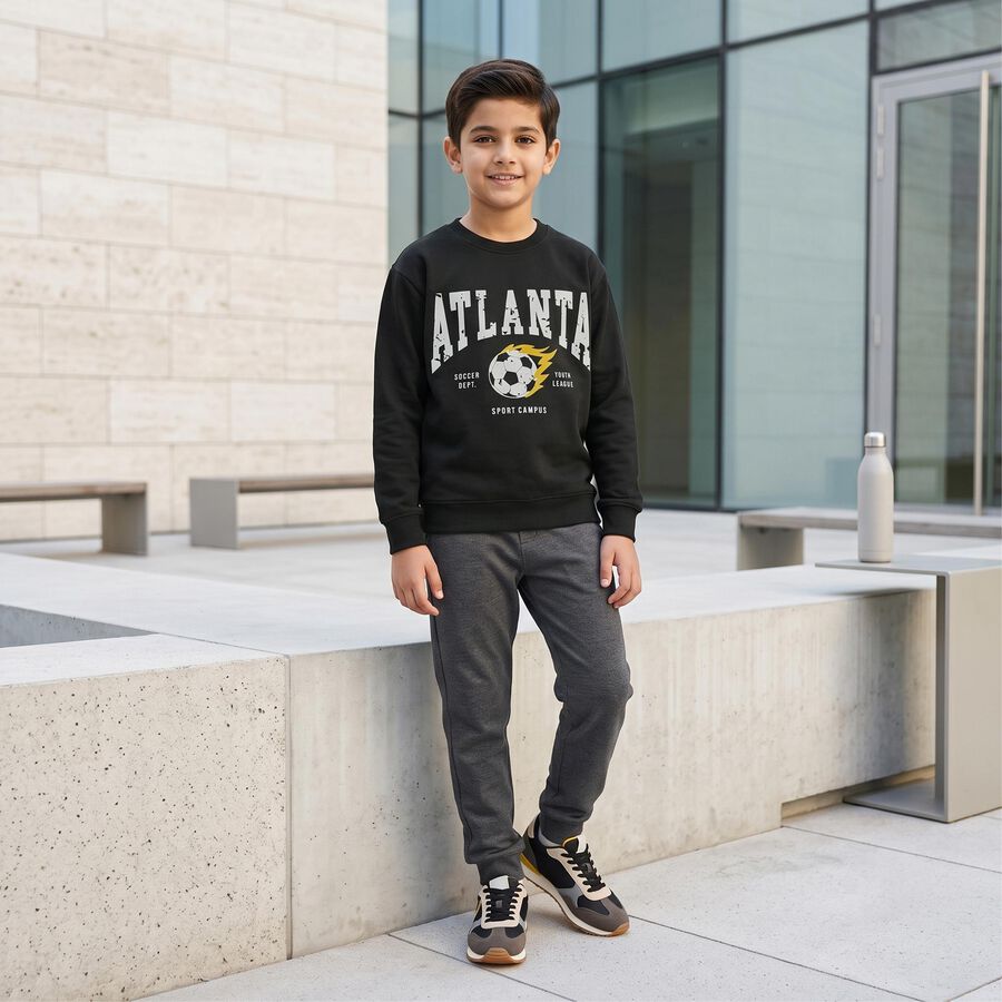 Boys' Dark Grey Crew Neck Pullover Graphic Print Sweatshirt, Dark Grey, large