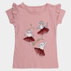 Girls' Pink Cotton Round Neck Ruffle Sleeve Printed T-Shirt, हल्का गुलाबी, small