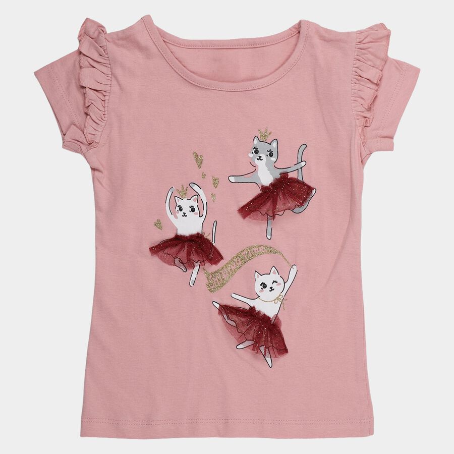 Girls' Pink Cotton Round Neck Ruffle Sleeve Printed T-Shirt, हल्का गुलाबी, large
