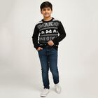Boys Jet Black Round Neck Graphic Pullover, काला, small image number null
