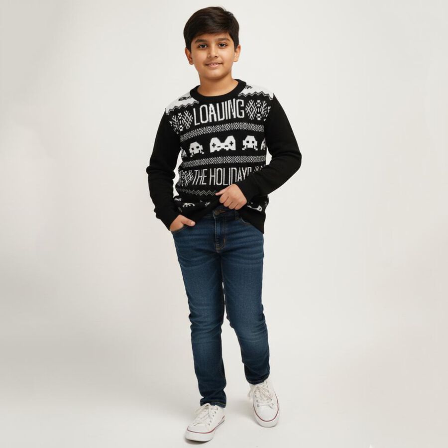 Boys Jet Black Round Neck Graphic Pullover, काला, large image number null