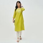 Women's Bright Lime Green Cotton Notch Neck Embroidered Kurta, हल्का हरा, small