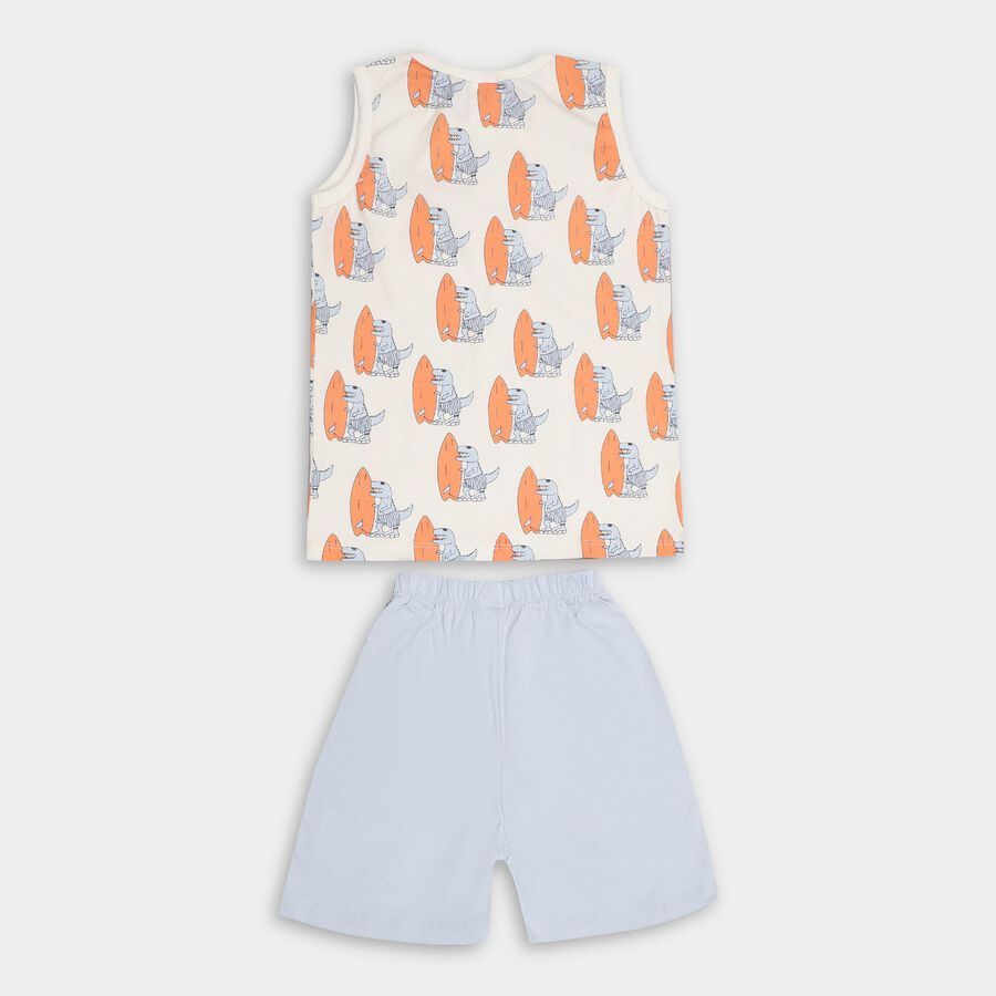 Boys' Off White Cotton Round Neck Printed Baba Suit, Off White, large image number null