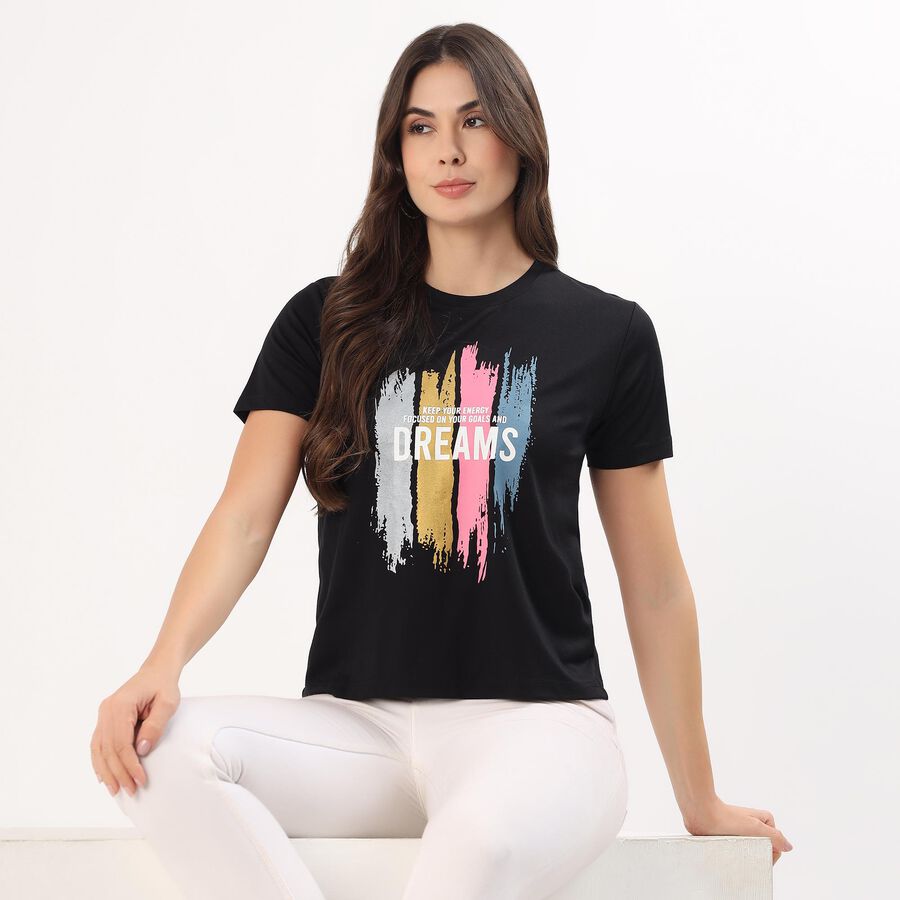 Women's Jet Black Round Neck Casual T-Shirt, Black, large