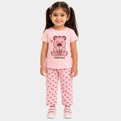 Girls Pink Round Neck Casual Top And Capri Set