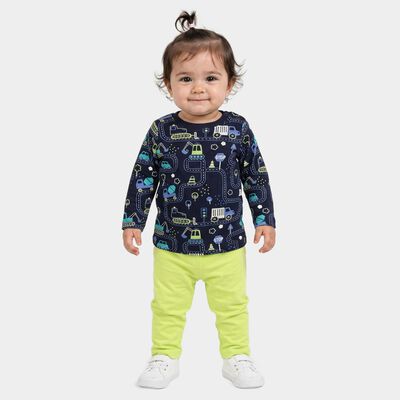 Infants' Navy Blue 100% Cotton Round Neck Graphic Print Baba Suit