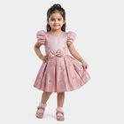 Girls Pink Fit and Flare Embellished Bow Party Wear Frock, Light Pink, small