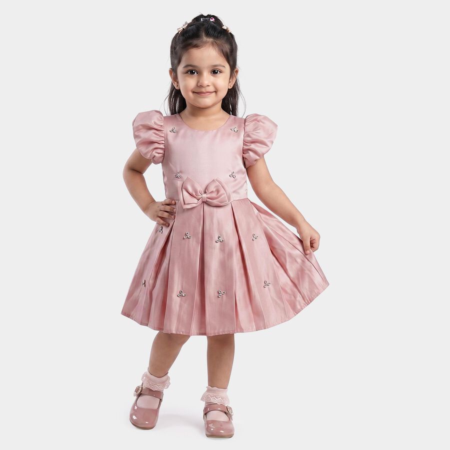 Girls Pink Fit and Flare Embellished Bow Party Wear Frock, Light Pink, large