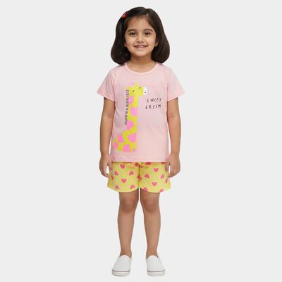 Girls Pink Round Neck Giraffe Printed Night Suit