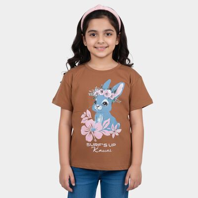 Girls Brown Cotton Casual T-Shirt