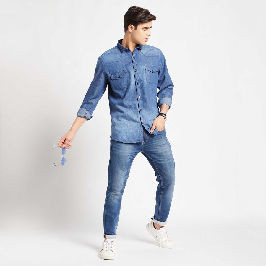 Cotton Solid Casual Shirt, Mid Blue, large image number null
