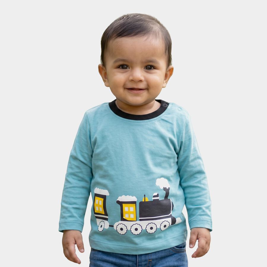 Infants Blue Cotton Round Neck Regular T-Shirt, Teal Blue, large