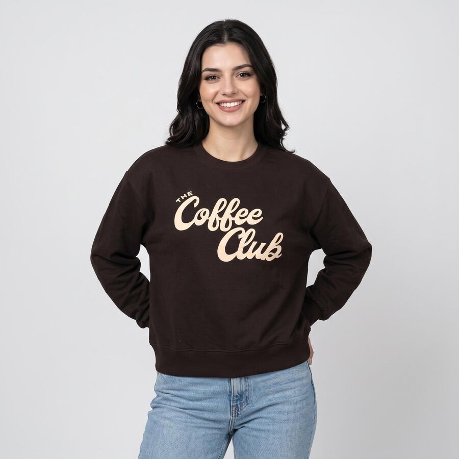 Women Brown Crew Neck Graphic Print Sweatshirt, भूरा, large