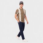Men's Beige Polo Neck Striped T-Shirt, Beige, small