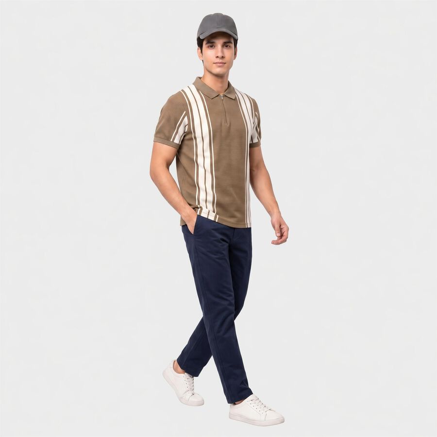 Men's Beige Polo Neck Striped T-Shirt, Beige, large