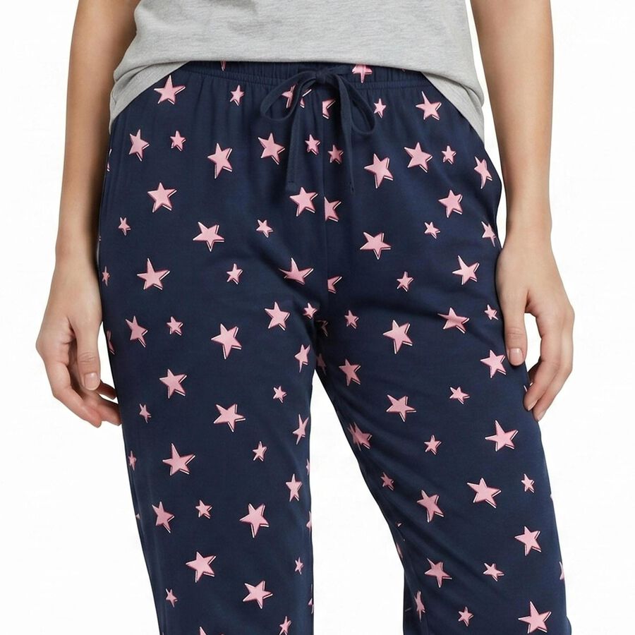 Women's Navy Blue Straight Fit Star Printed Pyjama, नेवी ब्लू, large